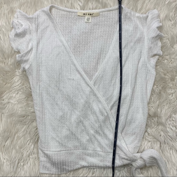 miami | Wrap Front Surplice V Neck Ruffle Cap Sleeve Waffle Knit Blouse - Picture 11 of 12